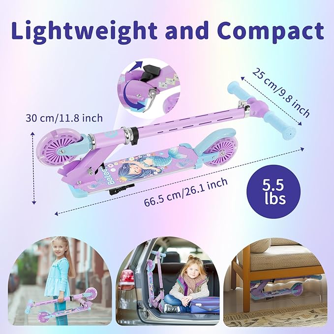 BELEEV V3 Scooter for Kids with Light-Up Wheels & Stem & Deck, 2 Wheel Folding Scooter for Girls Boys, 4 Adjustable Height, Lightweight Kick Scooter with Handy Kickstand for Children Ages 3-12
