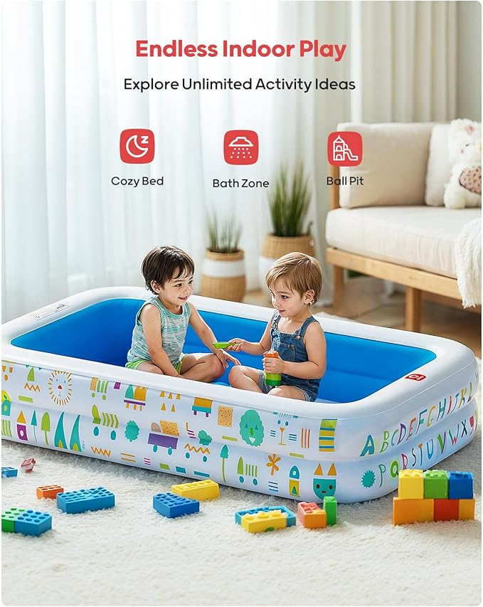 QPAU Kiddie Pool – 65" x 39" Inflatable Pool for Kids & Toddlers, Ball Pit & Baby Pool with Soft Cushioned Floor, Canopy for Sun Protection, Durable Outdoor Play Toys for Backyard & Indoor (Blue)