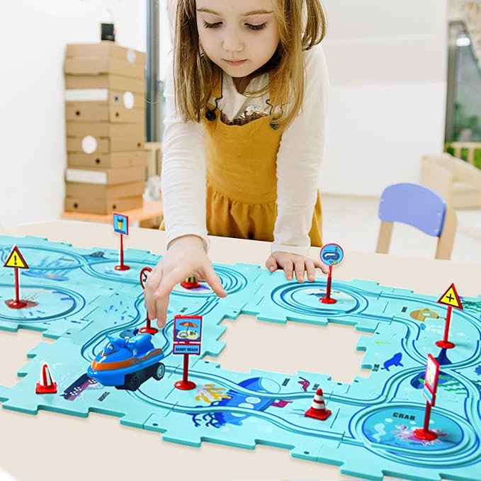 4 Year Old Boy Birthday Gift, Puzzle Racer Kids Car Track Set Puzzle Racer Car Track Set with Roadmap Puzzle Track Car Play Set Toys for 4 Year Old Boys (A-Oceans, Set1-25pcs)