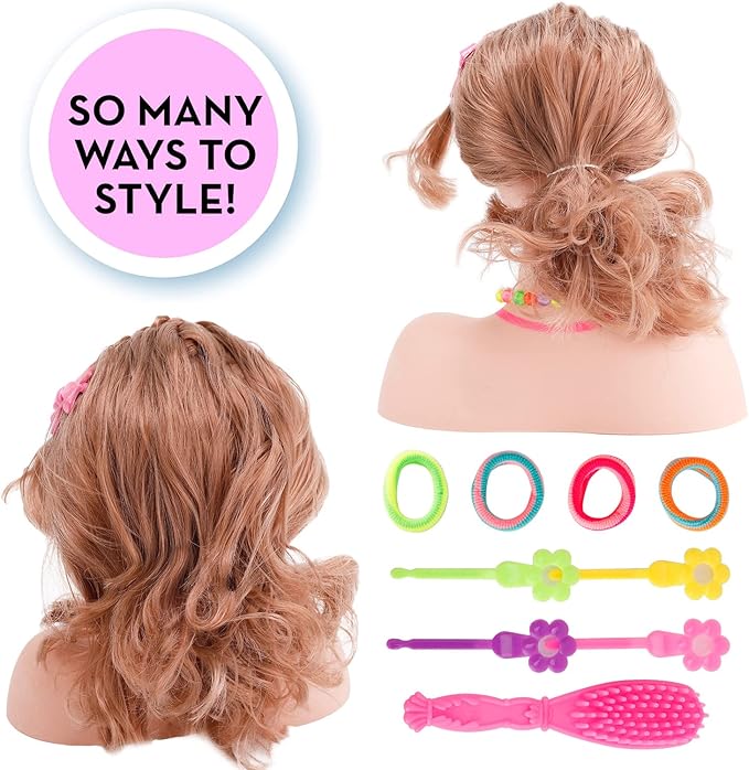Makeup and Hair Styling Doll Head Toy Kit - Kids Pretend Play Set with Real Washable Cosmetics and Style Accessories for Little Girls