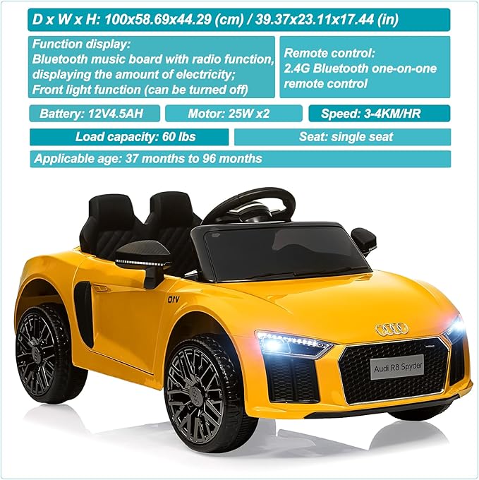 Licensed Audi 12V Kids Ride-On Car | Electric Car with Remote Control for Boys and Girls | 4-Wheel Design, LED Headlights, Music, and Horns