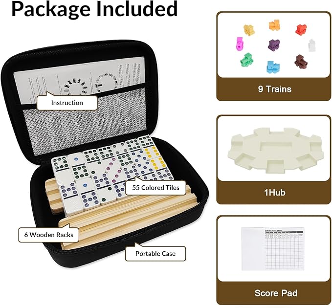 Double 9 Dominoes Set with 6 Wooden Trays/Racks, Double Nine Dominos Travel Set with 6 Domino Tiles Holders, 55 Tiles Dominoes Game Set with Portable Case for Families