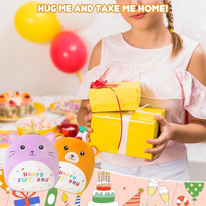 SQEQE Bear Plushie Birthday Bear Stuffed Animal Creative Plush Pillow Birthday Party Home Room Decoration Doll Gift for Kids 10 Inch