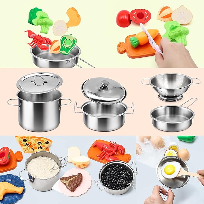Kids Pretend Play Kitchen Accessories Set, 38Pcs Stainless Steel Play Pots Pans Sets for Kids, Toy Cookware Cooking Utensils Play Food Dish Toddler Kitchen Playset Gifts for Boys Girls