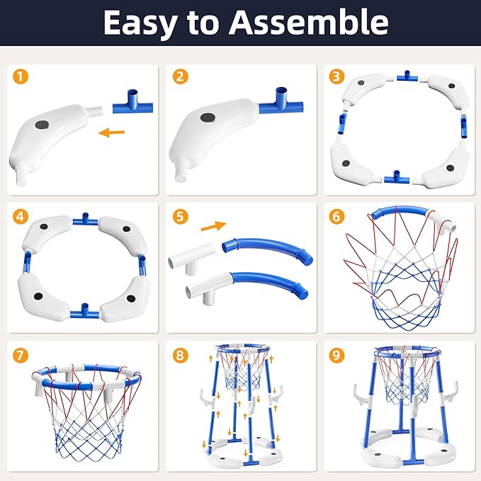 Pool Basketball Hoop, 2-in-1 Floating Pool Toys Ring Game with 4 Balls and Pump, Outdoor Swimming Pool Basketball Games Water Play Toy Family Party for Kids Adults Age 3-12 (Blue)