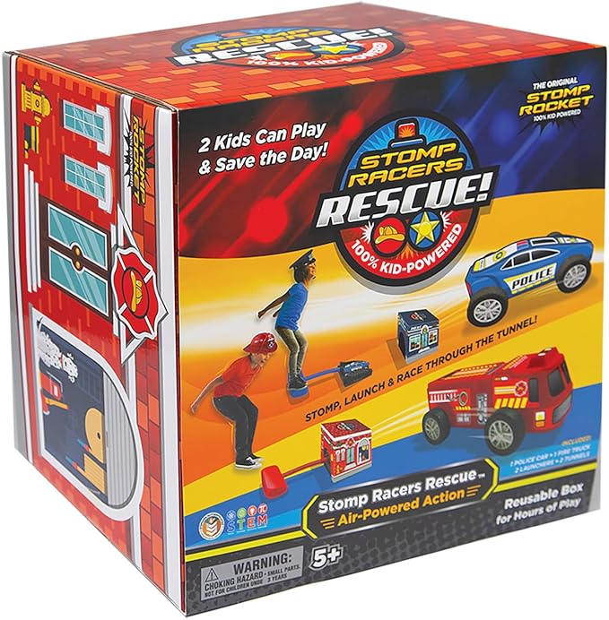 Stomp Rocket Original Stomp Rescue Racers - Dueling Race Cars for Kids - 1 Firetruck, 1 Police Car, 2 Launch Pads and 2 Tunnels - Fun Toy and Gift for Boys or Girls Age 5+ Years Old - STEM Toy