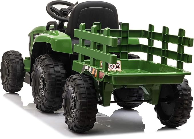 TOBBI Kids Electric Ride On Toy Tractor, 12v Battery-Powered 4 Wheels Ride On Car with Trailer, 35W Dual Motors/3-Gear-Shift/LED Lights/USB Audio Functions for Toddlers 3-6 Years-Dark Green