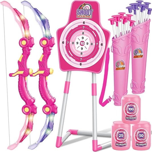 GMAOPHY Bow and Arrow Toys with LED Flash Lights, Birthday Gift for Girls 4 5 6 7 8 9 10 Year Old, Archery Set Indoor Outdoor Activity with 20 Suction Cup Arrows, 2 Targets & Quiver, Kids Sport Toys