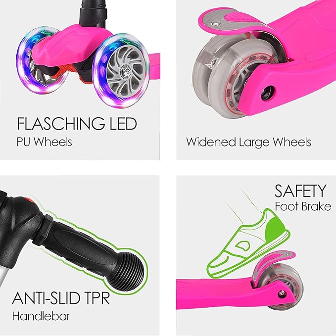 Kids Kick Scooter, 3 Wheeled Scooter for Kids, Child/Toddlers Toy, Adjustable Height, Anti-Slip Deck, Flashing Wheel Lights, for Boys/Girls 3-12 Year Old