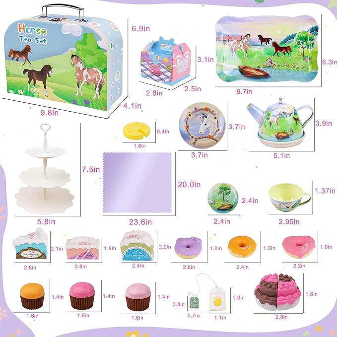 Tea Party Set for Little Girls,50PCS Princess Horse Tea Time Toy Including Food Sweet Treats Playsets,Teapot Tray Cake,Tablecloth & Carrying Case,Kids Kitchen Pretend Play for Girls Boys Age 3 4 5 6