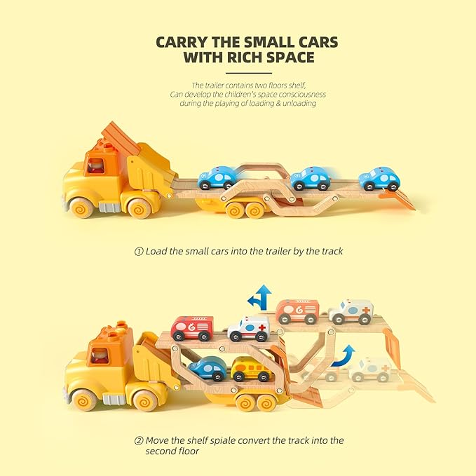 Toddler Car Toys for 2 3 4 5 Years Old Kids, Transport Carrier Truck Toy with 4 Wooden Vehicle, 24IN Foldable Track Trailer with Light & Sound Effects, Best Gift Choice for Christmas, Birthday