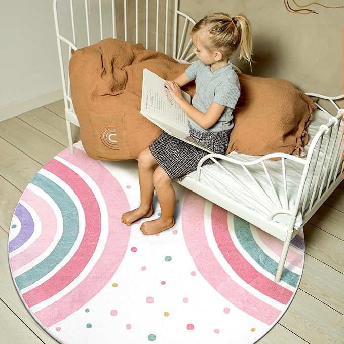 STARUIA Pink Round Rug for Girls, 5 Ft Rainbow Kids Rug for Nursery, Colorful Washable Rug for Bedroom, Non-Slip Circle Time Rugs Soft Polka Carpet for Kids Room Princess Castle