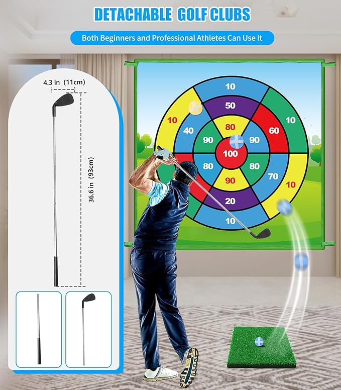 Golf Chipping Game Mat: 70"x70" Double-Sided 2in1 Golf Hitting Mat, Golf Chip and Practice Set with Stick Ball&Dart for Backyard Indoor Outdoor Family Battle Game, Christmas Ideal Gift for Kids Adults