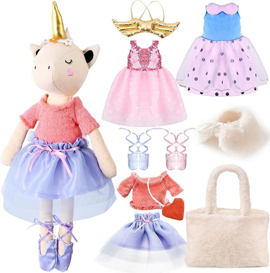 Ballerina Unicorn Doll Stuffed Animal Toys for Girls - Plush Bag | 3 Set Cloth Accessories | Ballet Shoes, Kids Pretend Play Doll Pet Care, Christmas Birthday Gift for 3 4 5 6 Year Old Girls