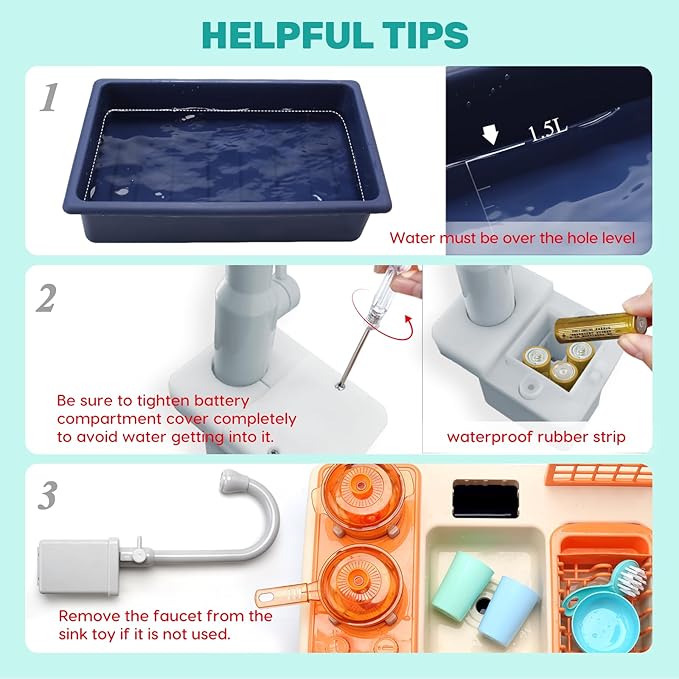 CUTE STONE Pretend Play Kitchen Sink Toys with Play Cooking Stove, Pot and Pan with Spray Realistic Light and Sound, Dish Rack & Play Cutting Food, Utensils Tableware Accessories for Kids Toddlers