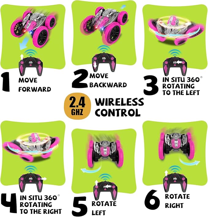 Remote Control Car, 360° Rotating RC Stunt Car with Lights and Spray, 2.4Ghz 4WD Double-Sided Driving RC Car Toys for Kids, Outdoor Dinosaur Truck Gift for Boys and Girls Age 4-7,8-12 (Pink)