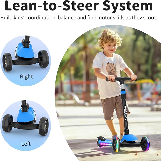 BELEEV A9 Kids Scooter with LED Light-Up Wheels & Deck, 3 Wheel Folding Scooter for Toddlers Girls Boys Ages 3-12, Adjustable Handlebar, Lean to Steer, Extra-Wide Wheels, Kick Scooter for Children