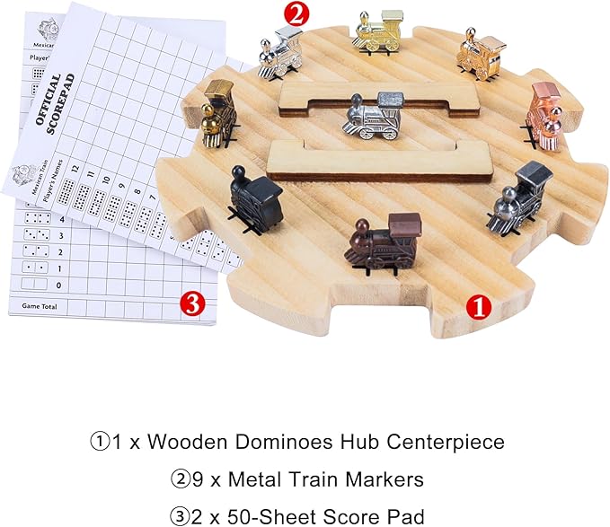 Mexican Train Dominoes Accessories - 1 Wooden Mexican Train Hub, 9 Colorful Metal Mexican Train Markers, 2 * 50-Sheet Mexican Train Score Pads for Mexican Dominoes Train Game Set