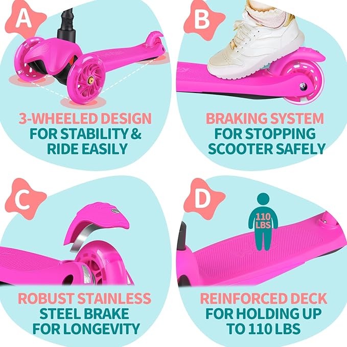 BELEEV A1 Scooter for Kids Ages 2-6, 3 Wheel Kick Scooter for Toddlers Girls Boys, Light up Wheels, Adjustable Height, Lean to Steer, Non-Slip Deck, Lightweight Push Scooter for Children