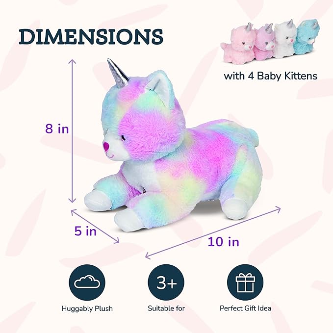 PixieCrush Unicorn Cat Plushie - Mommy Cat Unicorn with 4 Baby Kittens - Magical Pillow Plushies for Girls Ages 3-8 - Big Stuffed Animals - Ideal Gift for Girls 5 x 10 x 8 inches