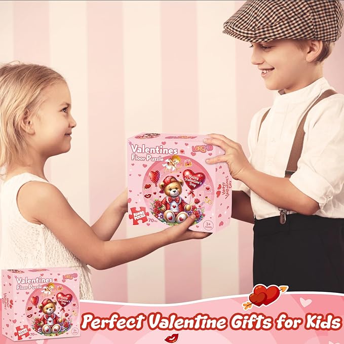 Valentines Floor Puzzles for Kids Age 4-8, Valentiens Day Gifts for Kids Classroom Exchange Gifts Love Bear and Balloons Large Jigsaw Puzzles Educational Learning Toys