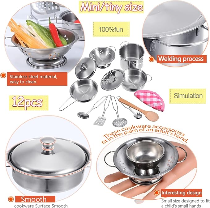 Play Pots and Pans Toys for Kids Kitchen Playset Pretend Cookware Utensils Play Set Play Cooking Toys Mini Stainless Steel Cooking Utensils Toys Kitchen Playset Accessories for Boys Girls