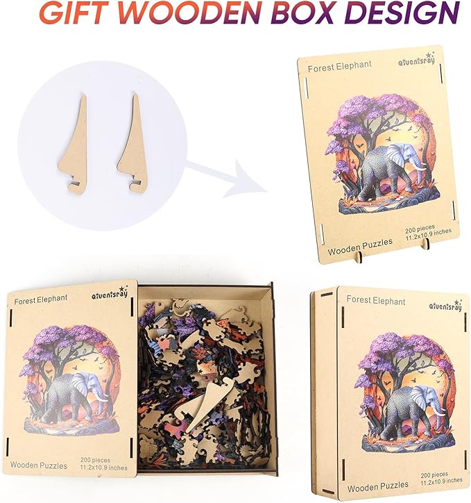 Wooden Puzzle for Adults 200 Pcs, 3D Vision Effect Elephant Forest Puzzle Unique Shape Advanced Jigsaw Puzzle, Challenge Wooden Jigsaw Puzzle for Family Game (11.2 x 10.9 in)
