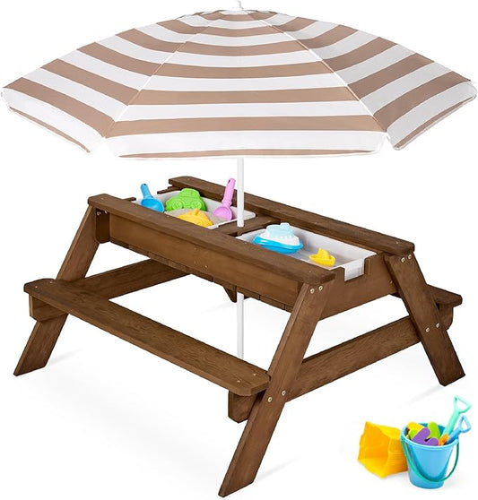 Best Choice Products Kids 3-in-1 Sand & Water Table, Wood Outdoor Convertible Picnic Table w/Umbrella, 2 Trays, Removable Top, 220lb Capacity Per Bench -Walnut/Beige