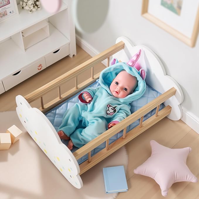 BABESIDE Wooden Baby Dolls Bed for 12-16 Inches Doll, Rocking Babys Doll Crib, Sleep Bed, Baby Dolls Accessories Furniture fit Newborn Dolls Boys & Girls