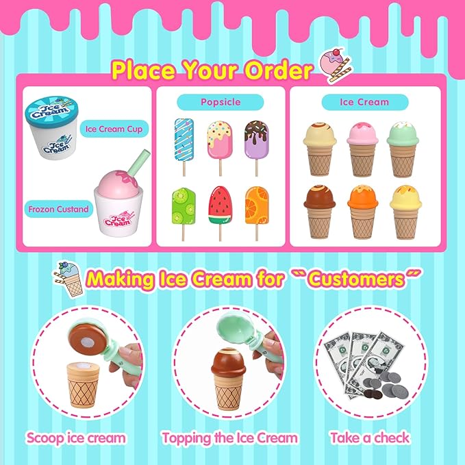 Ice Cream Toys, Wooden Ice Cream Play Set, Pretend Play Toys, 46 Pcs Wooden Play Kitchen Accessories with Menu & Scoop & Menu & Fake Money, Ice Cream Toys for Toddlers 3 4 5 6 Girls Boys Birthday