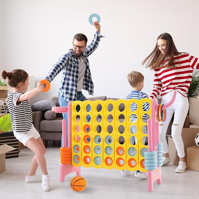 Costzon Giant 4-in-A-Row, Jumbo 4-to-Score Giant Game w/Basketball Hoop, Ring Toss, Quick-Release Slider, 42 Jumbo Rings, Indoor Outdoor Family Connect Game for Kids & Adults, Backyard Games