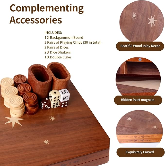Wooden Inlaid Backgammon Set, Classic Strategy Board Game Case 15.7" Large Size, Backgammon with Checkers Pieces for Adults and for Children