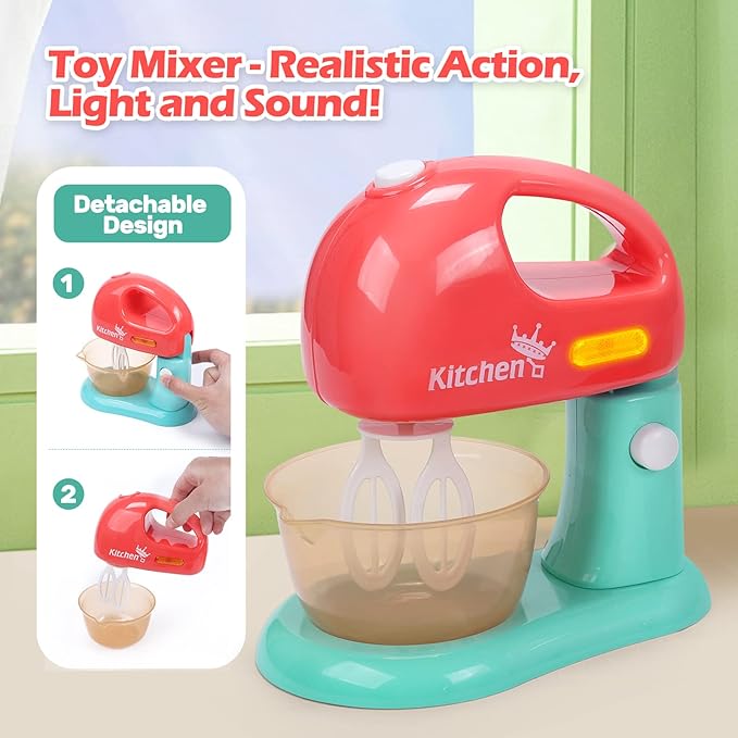 CUTE STONE Toy Appliances Playset, Kids Mixer and Blender with Sound & Lights, Toaster, Cutting Play Food, Toddler Kitchen Accessories Set for Boys & Girls