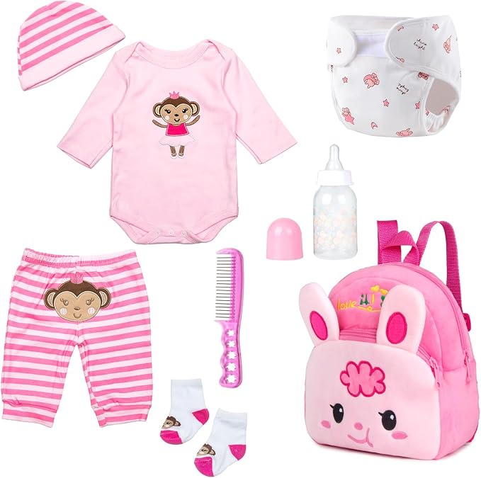 8 Pieces Reborn Doll Clothes Pink Accessories Set with Backpack for 17-22 inch Reborn Baby Doll Girl Clothing Kids Caring Set