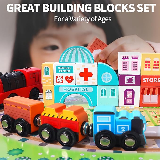 Wooden Take-Along Tabletop Railroad, Wooden Train Sets for Kids Ages 3+