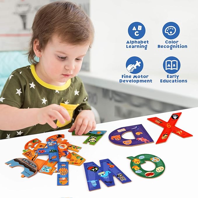SYNARRY Wooden Alphabet Puzzles for Kids Ages 3-5, ABC Learning for Toddlers Ages 3+, Sight Words Letter Puzzles Montessori Toys Educational STEM for Preschool Boys Girls Kids Gifts