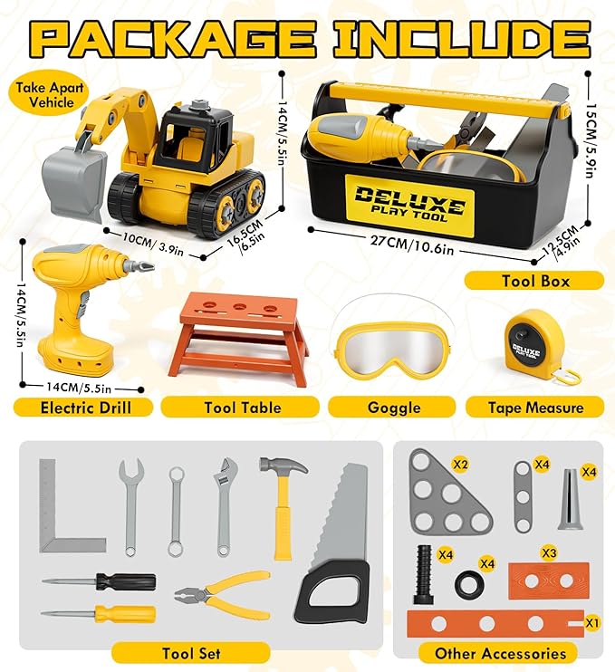 Lehoo Castle Kids Tool Set with Electric Toy Drill & Tool Box & Take Apart Construction Toys, Pretend Play Tool Set for Toddlers 3-5, Montessori Tool Box for Boys Girls