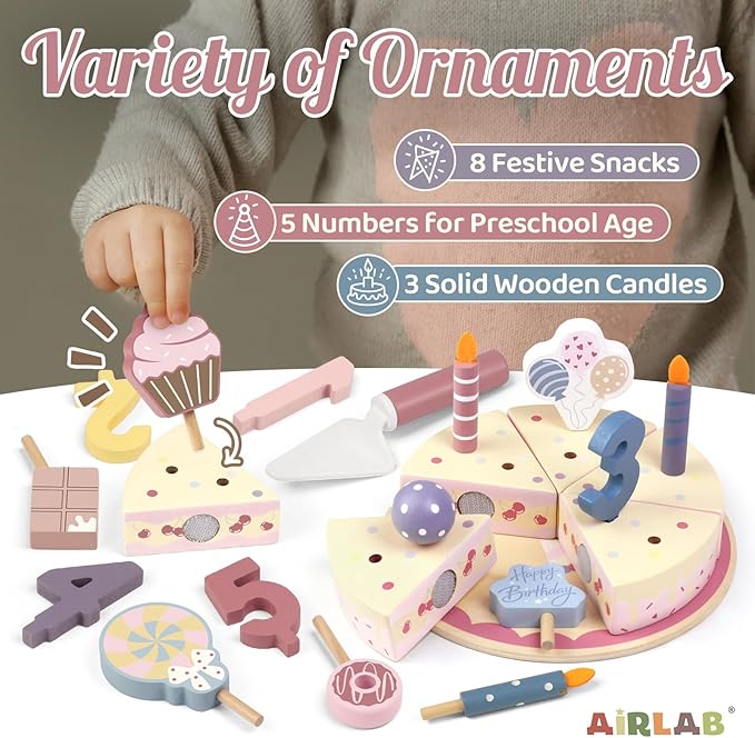 Wooden Birthday Party Cake Play Food Sets for Kids Kitchen Accessories Pretend Toy Toddlers 1-3 Party Gift Boys Girls Educational Toys