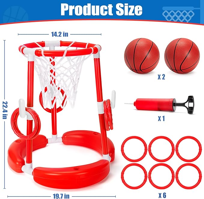 GMAOPHY Pool Basketball Hoop, 2-in-1 Poolside Floating Pool Basketball Game, Swimming Pool Games for Kids Adults Indoor Outdoor Play, Water Play Toy Family Party, Includes Hoop, Balls, Pump, Red