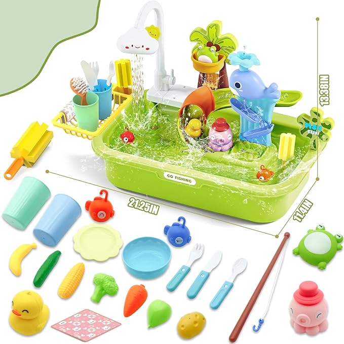 Kids Play Sink with Running Water & Electric Faucet, 4-in-1 Kitchen Sink Toy with Fishing Game, Pretend Play Kitchen Toy Accessories, Role Play Dishwasher Toys for Toddlers Boys Girls Green