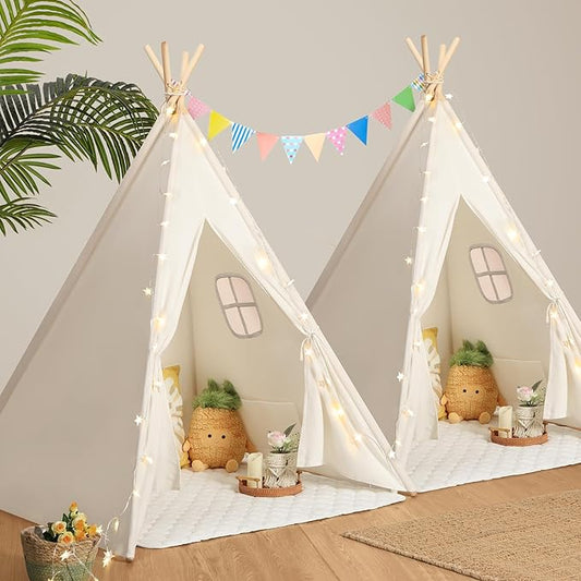 Teepee Tent for Kids Slumber Party 2 Pack: Star Lights & Colored Flag - Indoor Outdoor Toddler Play Tent for Girls Boys Birthday Gifts Sleepover Party (White)