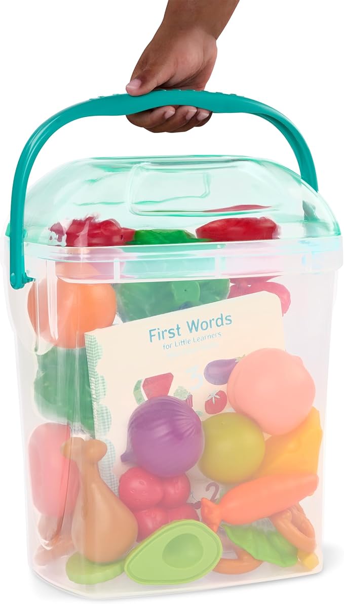 B. toys- Foodie Fun- Pretend Play Food & Board Book Set – 32 Pieces of Play Food – Educational Book for Toddlers – Storage Bucket with Lid – 2 Years +