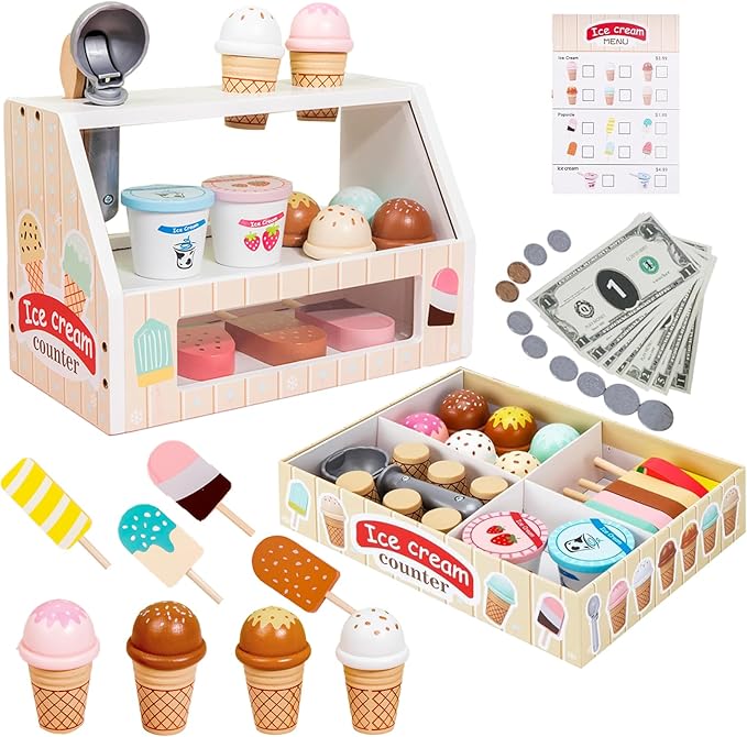 Wooden Ice Cream Toys for Kids Toddler,Ice Cream Counter Shop Pretend Play Toy Food Kitchen Accessories,Play Food Scoop and Serve, Play Kitchen Sets for Kids,Christmas Birthday Gift for Girls Boys