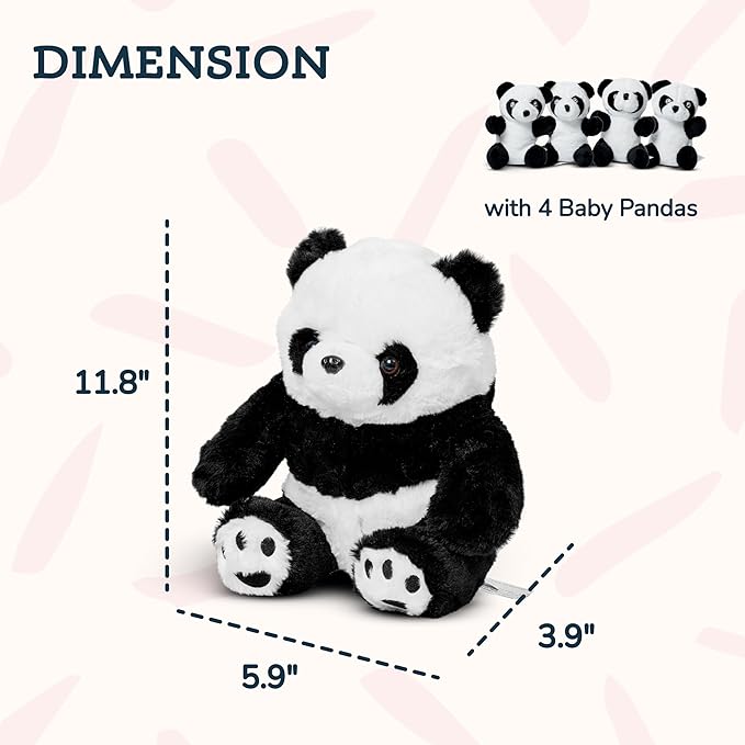 PixieCrush Panda Toys Stuffed Animal - Plush Mommy Panda with Zippered Belly and 4 Little Baby Pandas for Girls - White and Black Giant Stuffed Animal - Set of 5