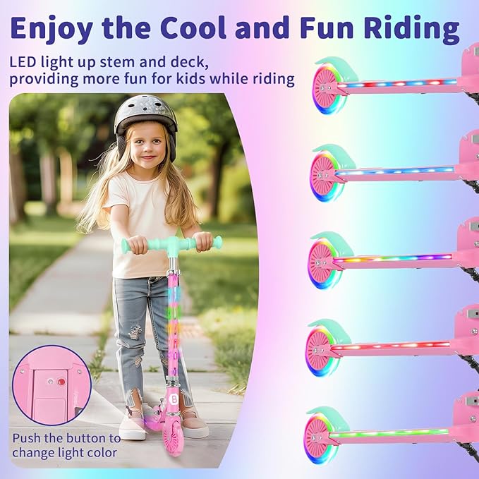 BELEEV V3 Scooter for Kids with Light-Up Wheels & Stem & Deck, 2 Wheel Folding Scooter for Girls Boys, 4 Adjustable Height, Lightweight Kick Scooter with Handy Kickstand for Children Ages 3-12
