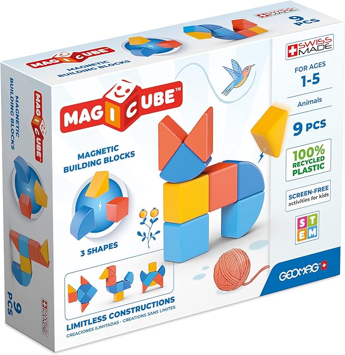 Geomag Swiss-Made MagiCube 9-Piece Magnetic Animal Shapes Building Set, Shaped Stacking Blocks for Toddlers & Kids Ages 1-5, STEM Educational Toy, Creativity, Imagination, Early Learning Fun