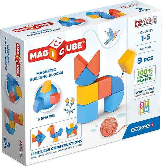 Geomag Swiss-Made MagiCube 9-Piece Magnetic Animal Shapes Building Set, Shaped Stacking Blocks for Toddlers & Kids Ages 1-5, STEM Educational Toy, Creativity, Imagination, Early Learning Fun