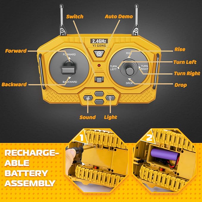 Rc Bulldozer Toys - Remote Control Bulldozer Construction Vehicles Trucks Toys for Boys Kids Age 7 8-12 - Metal Remote Control Electric Tractor Loader Toys with Light and Sound - Birthday Gift