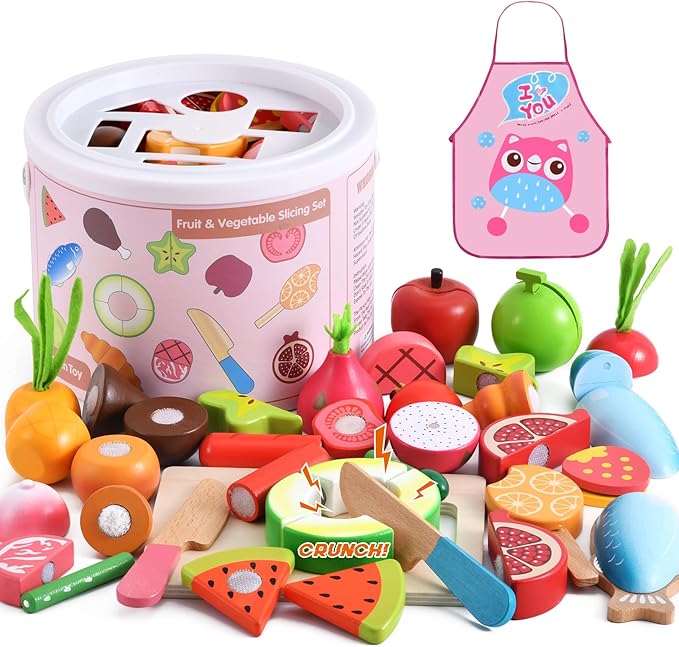 WHOHOLL Wooden Play Food Toys for Kids Kitchen Playset, Play Kitchen Accessories with Apron Pretend Cutting Food Montessori Toys for 3+ Year Old Girls and Boys