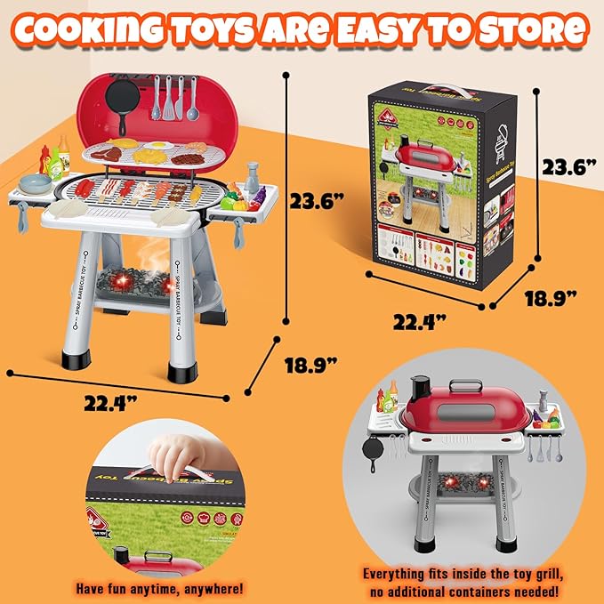 Kids BBQ Grill Playset,Indoor Kitchen Toy,Play Toy Grill Set with Fake Smoke Lights Sounds,Kids Grill Playset Kitchen Toys Set with Sink,2-Layer Barbecue Outdoor Play Grill Toy for Toddler Boys Girls